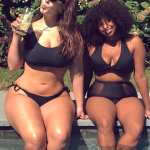 Popular Plus Size model Ashley Graham curvy sipping a cocktail in a tiny bikini with girlfriend