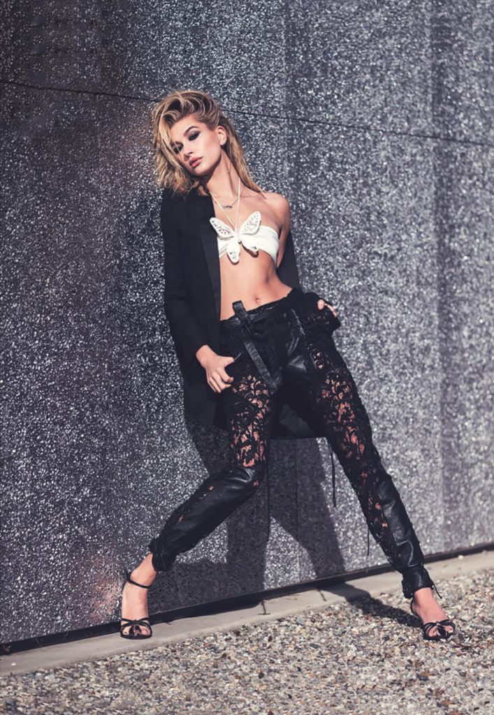 Hailey Baldwin in Lace Pants and A Bra