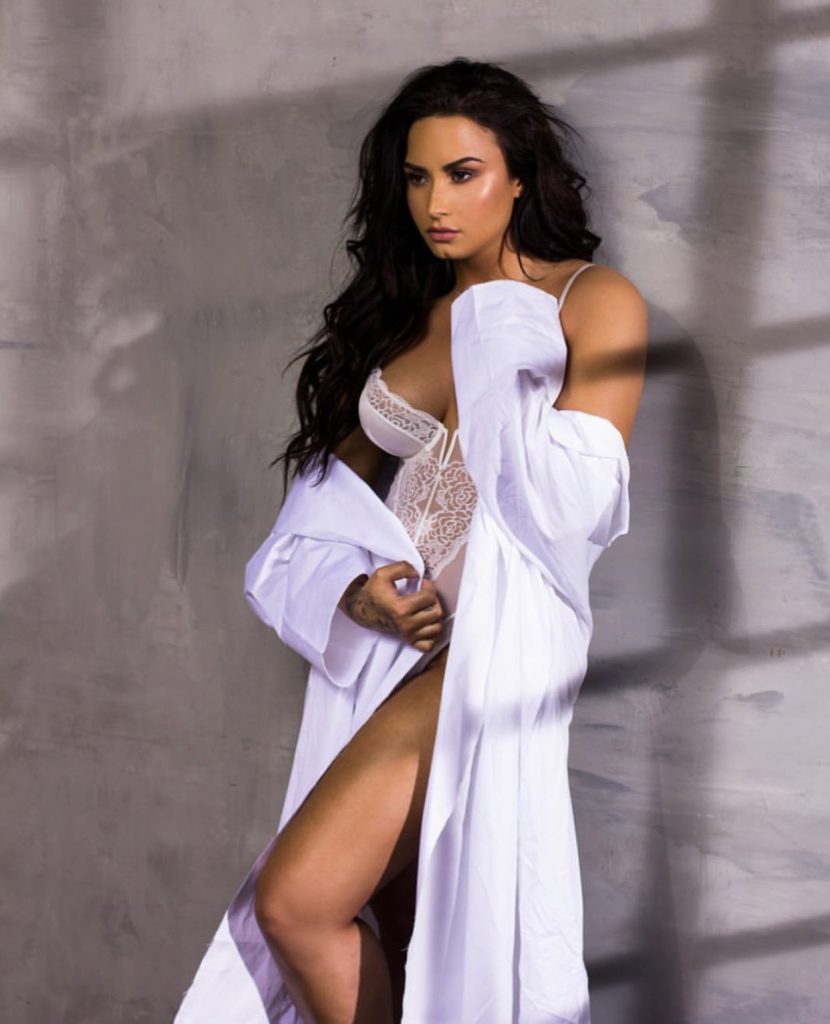 Demi Lovato sexy white lace bra