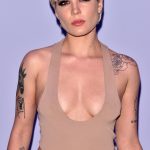 Halsey big tits in a nude thong bodysuit