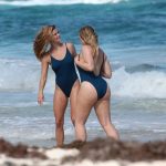 Nina Agdal and Iskra Lawrence get wet in blue swimsuits