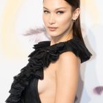 Bella Hadid side boob cleavage in a black gown