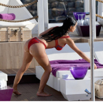 Demi Rose bends over in a bikini showing a wet ass