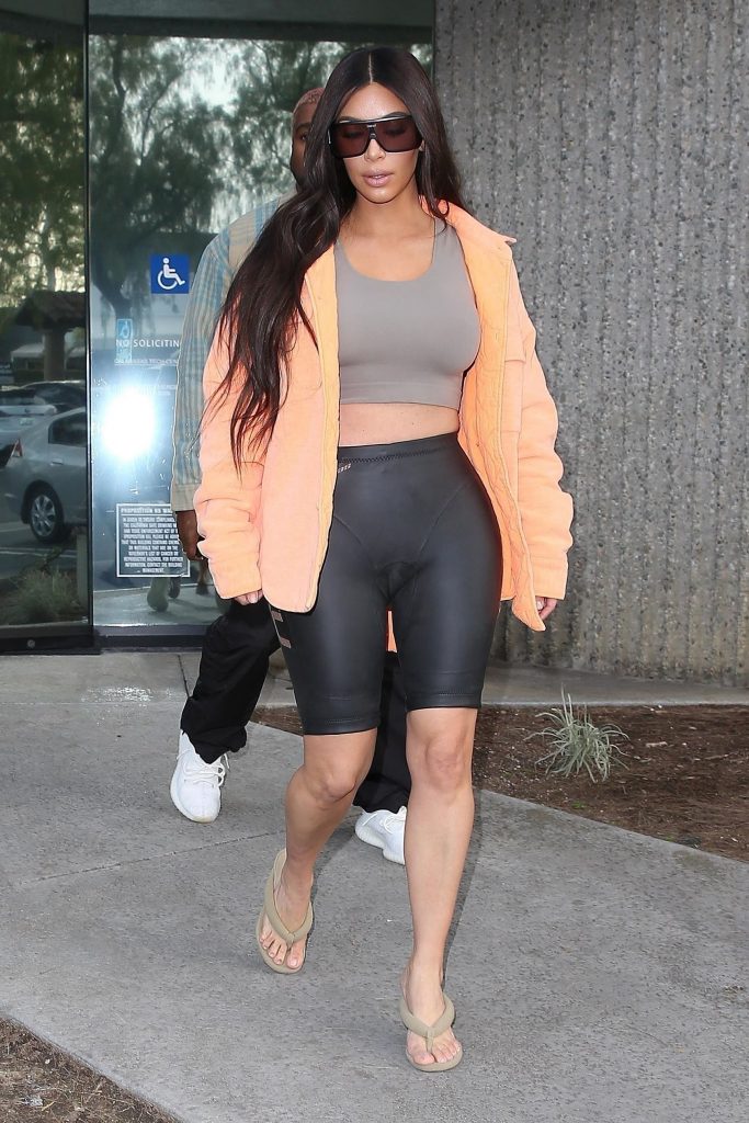 Kim Kardashian mangled pussy print in tight black yeezy shorts