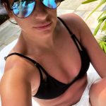 Lea Michele man tits in a black bikini