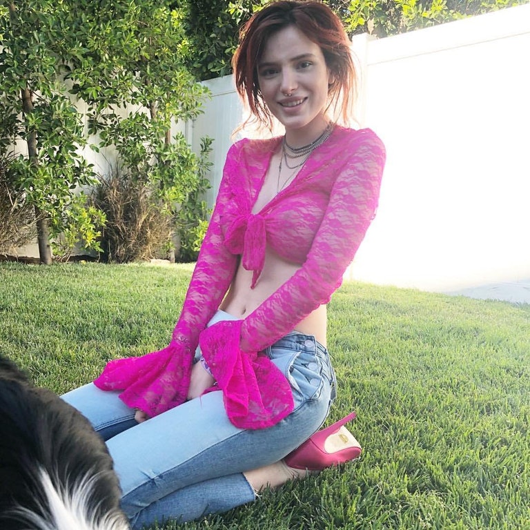 Bella Thorne Nipples in See Through Pink Shirt