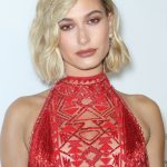Hailey Baldwin Tits in See Through Red Dress