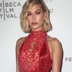 Hailey Baldwin Tits in See Through Red Dress