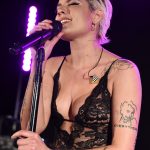 Halsey Nipples in a See through black lace bodysuit