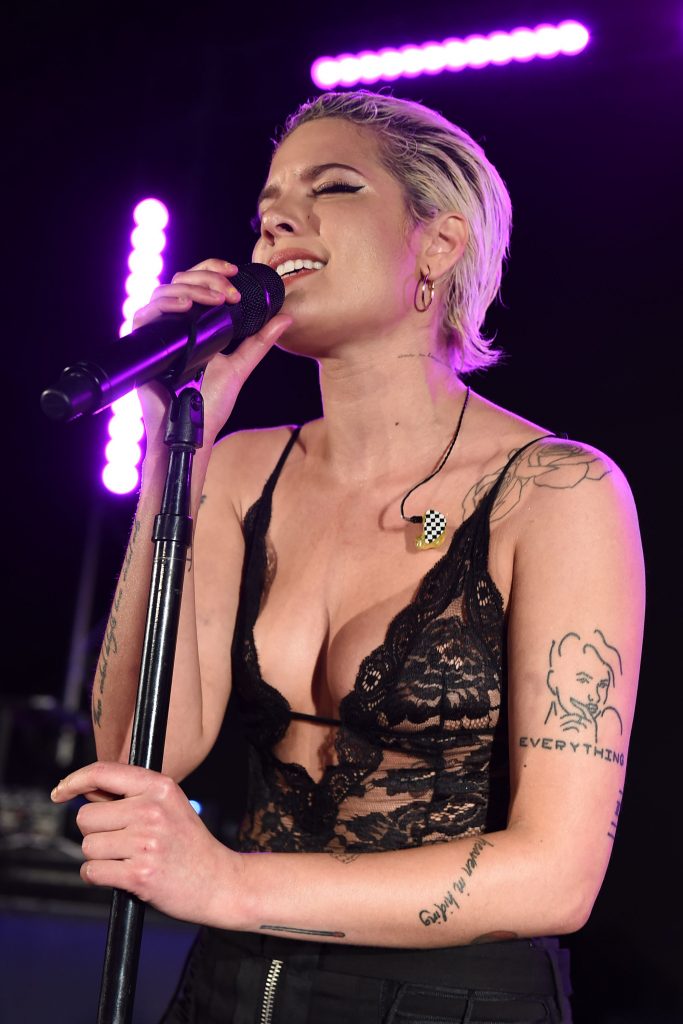 Halsey Nipples in a See through black lace bodysuit