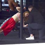 Suki Waterhouse Working out in a Nude Bra and Red Shorts