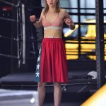 Suki Waterhouse Working out in a Nude Bra and Red Shorts