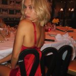 Hailey Baldwin tits in a tight red dress