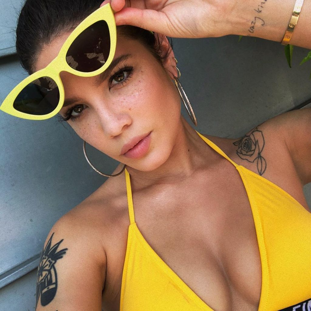 Halsey Tits in a Yellow Bikini
