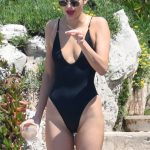 Kendall Jenner Pussy Print in a Black One Piece Swimsuit