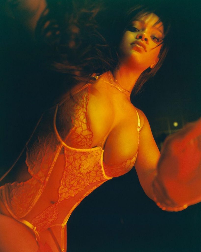 Rihanna Big Tits in a White and Red Fenty Savage Lingerie