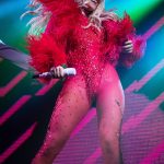 Rita Ora Red Thong Bodysuit on Stage