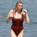 Courtney Love Hard Nipples in a Red Swimsuit Getting Wet