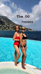 Rita Ora Black Bikini Poses with Girlfriend in Red Bikini