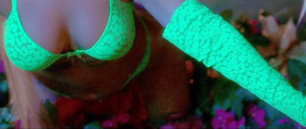 Rihanna Tits See Through Green Lace Bra and Panties